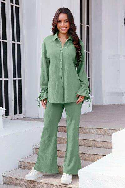 Drawstring Flounce Sleeve Shirt and Pants Set - Trendsi - Flyclothing LLC
