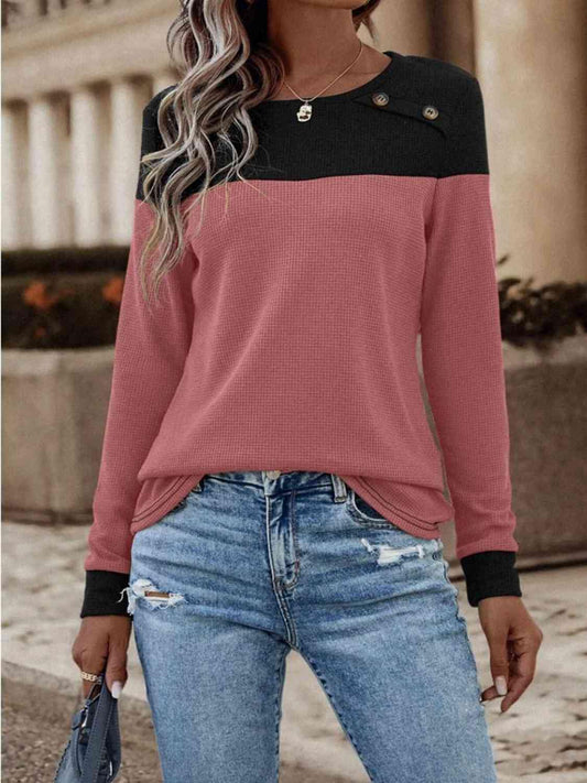 Contrast Buttoned Round Neck Long Sleeve T-Shirt - Trendsi