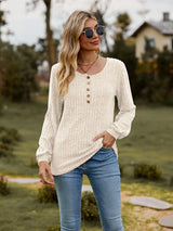 Round Neck Button-Down Long Sleeve Tee - Trendsi - Flyclothing LLC
