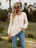 Round Neck Button-Down Long Sleeve Tee - Trendsi - Flyclothing LLC