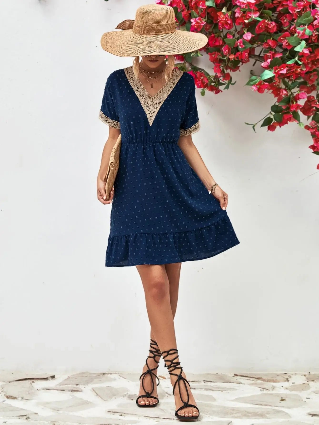 Contrast V-Neck Short Sleeve Mini Dress - Trendsi - Flyclothing LLC