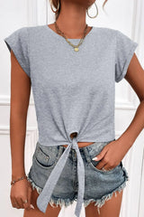 Tied Round Neck Crop Tee - Trendsi - Flyclothing LLC