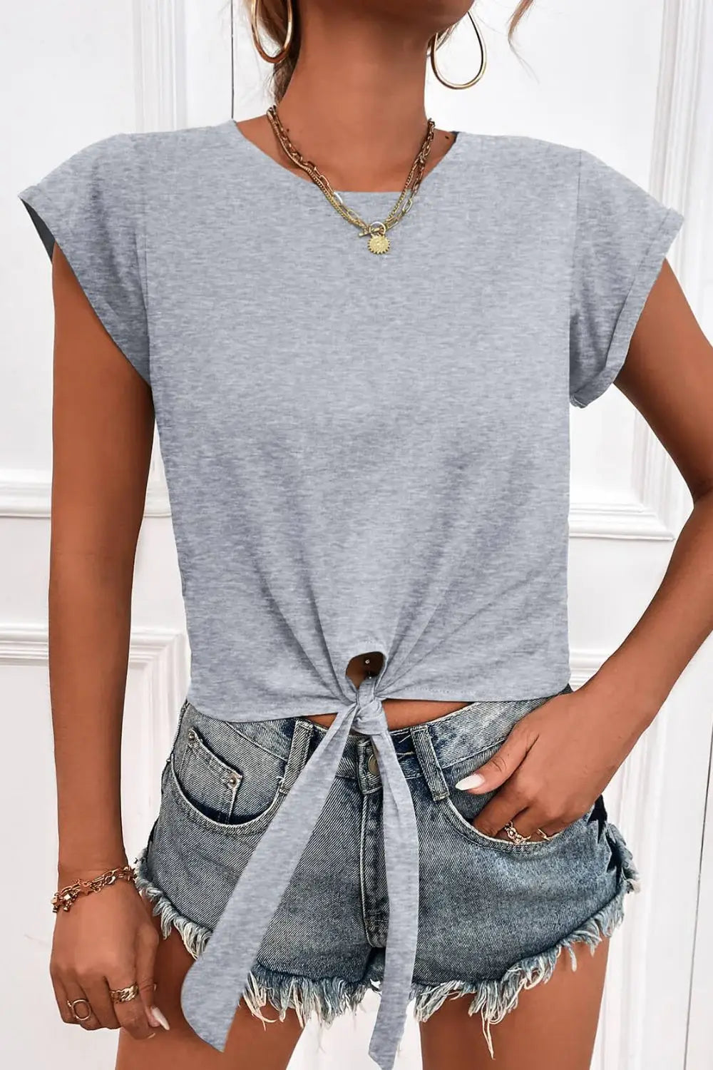 Tied Round Neck Crop Tee - Trendsi - Flyclothing LLC