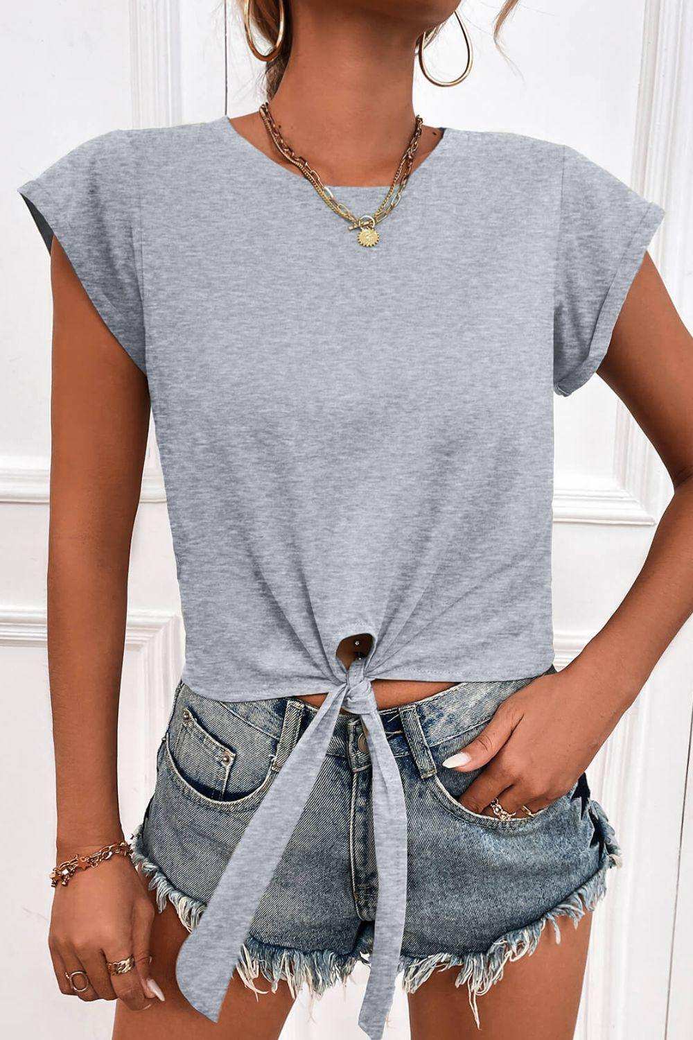 Tied Round Neck Crop Tee - Trendsi - Flyclothing LLC