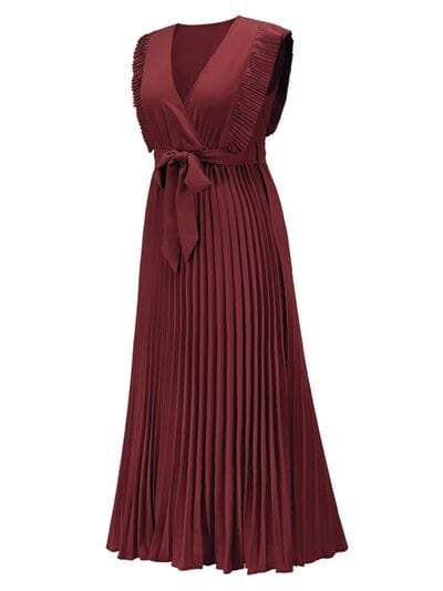 Tied Surplice Cap Sleeve Pleated Dress - Trendsi - Flyclothing LLC