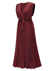 Tied Surplice Cap Sleeve Pleated Dress - Flyclothing LLC