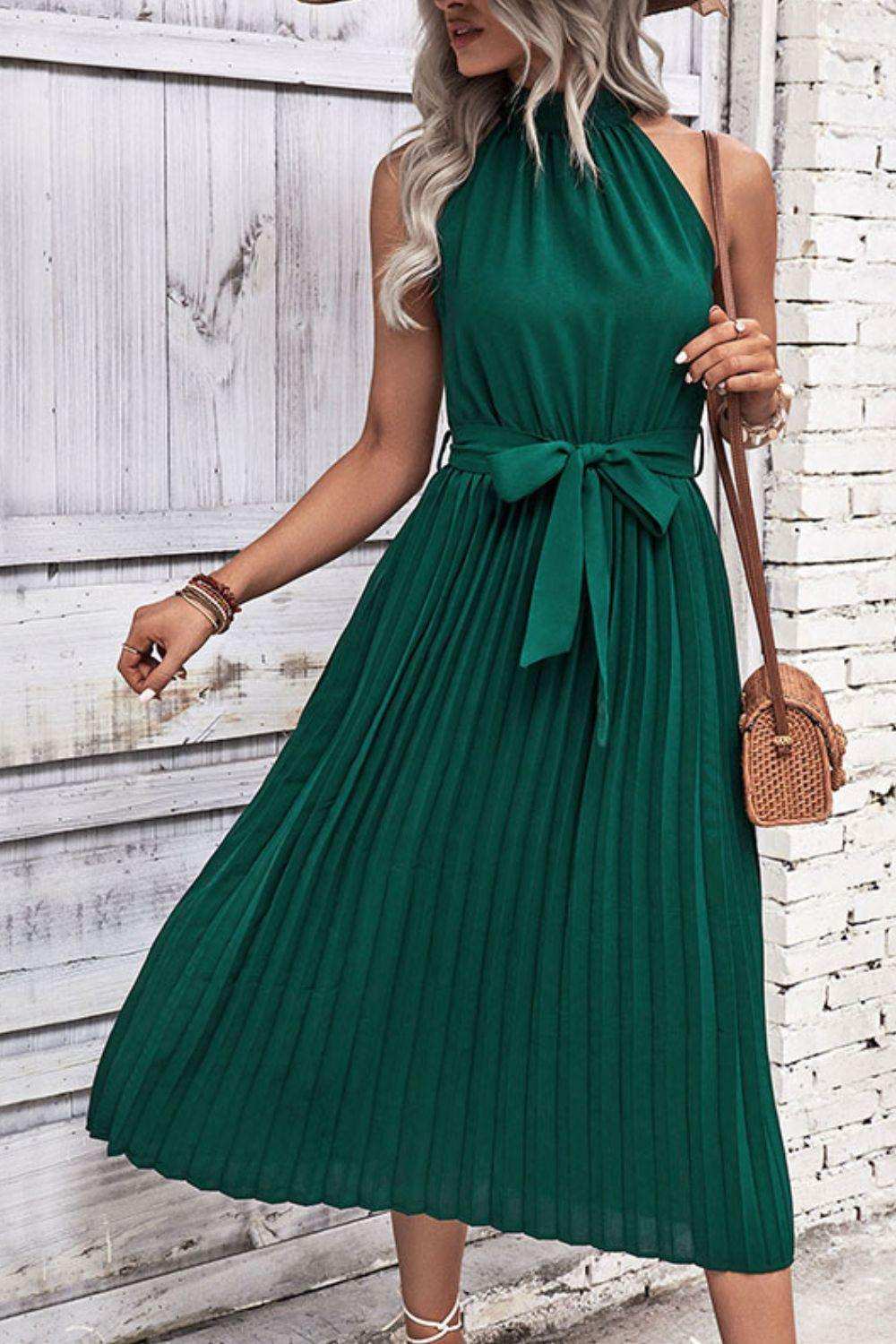 Tie Belt Pleated Midi Dress - Trendsi - Flyclothing LLC