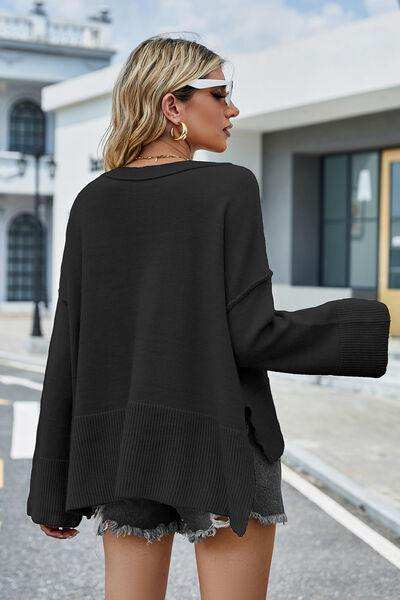 High-Low Slit Round Neck Long Sleeve Sweater - Trendsi - Flyclothing LLC