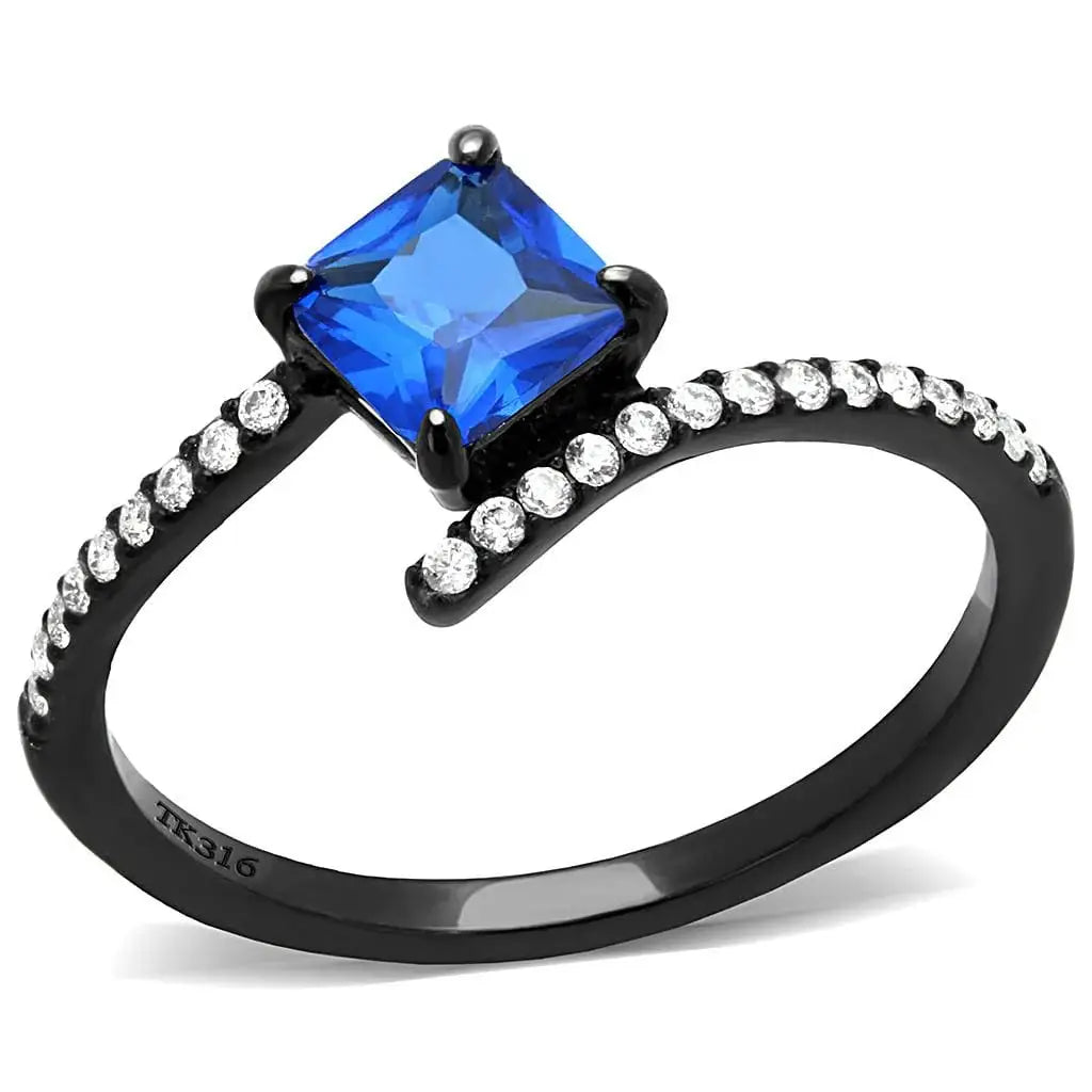 Alamode IP Black(Ion Plating) Stainless Steel Ring with Synthetic Spinel in London Blue - Alamode - Flyclothing LLC