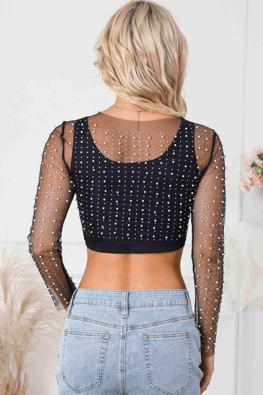 Pearl Long Sleeve Mesh Cropped Top - Trendsi - Flyclothing LLC