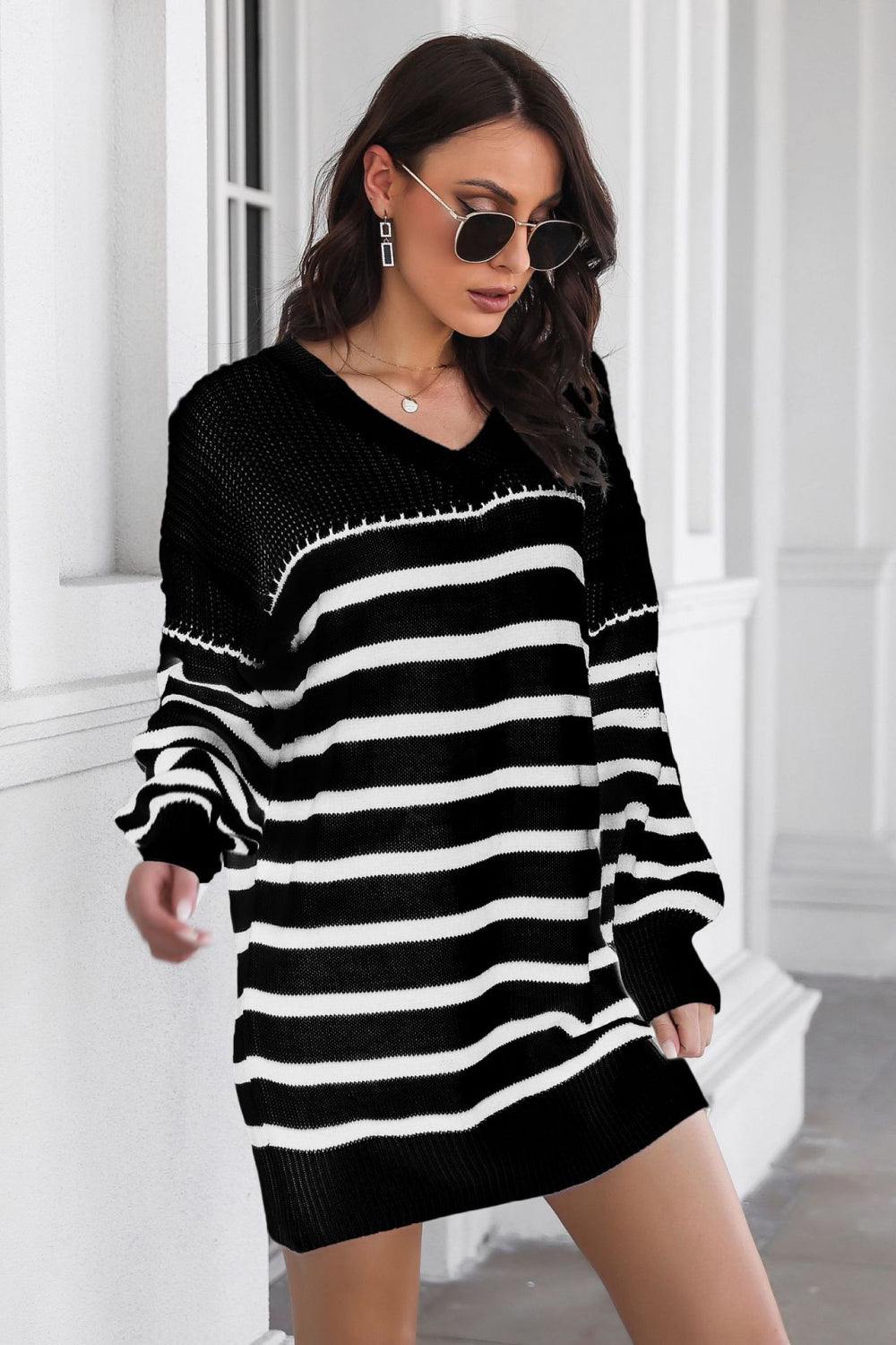 Striped V-Neck Drop Shulder Sweater Dress - Flyclothing LLC