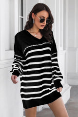Striped V-Neck Drop Shulder Sweater Dress - Flyclothing LLC
