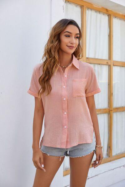 Button Up Collared Neck Short Sleeve Shirt - Trendsi