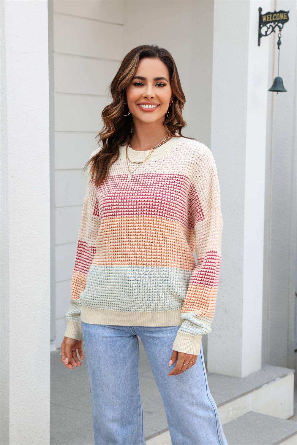 Waffle-Knit Round Neck Dropped Shoulder Color Block Sweater - Trendsi - Flyclothing LLC