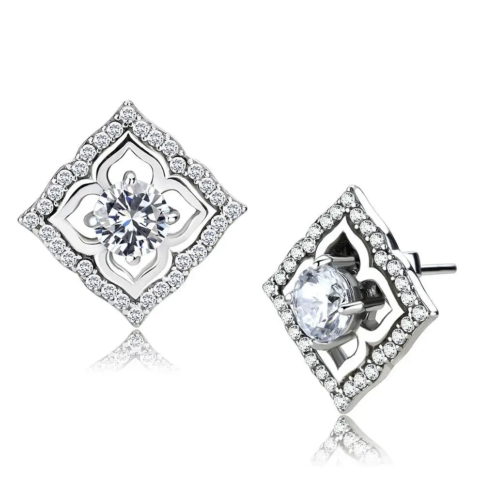 Alamode High polished (no plating) Stainless Steel Earrings with AAA Grade CZ in Clear - Alamode - Flyclothing LLC