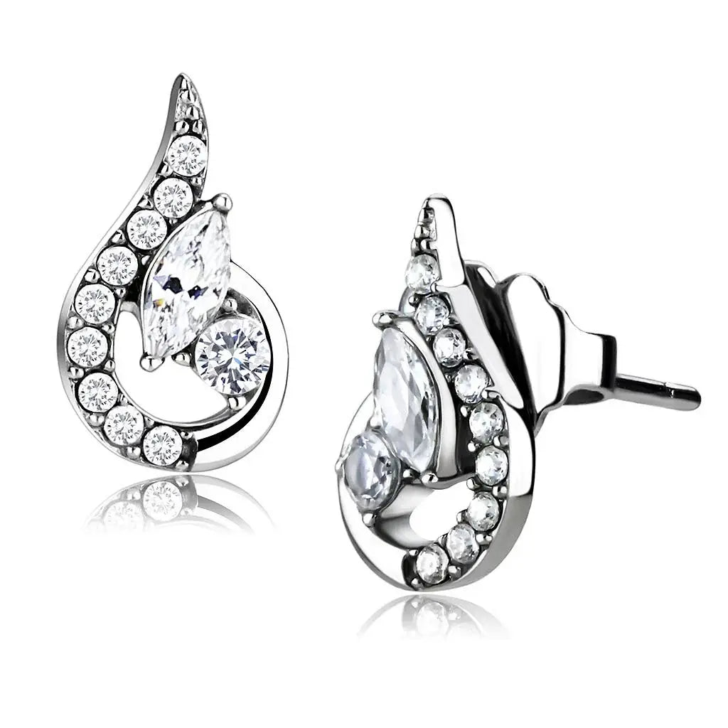 Alamode High polished (no plating) Stainless Steel Earrings with AAA Grade CZ in Clear - Alamode - Flyclothing LLC