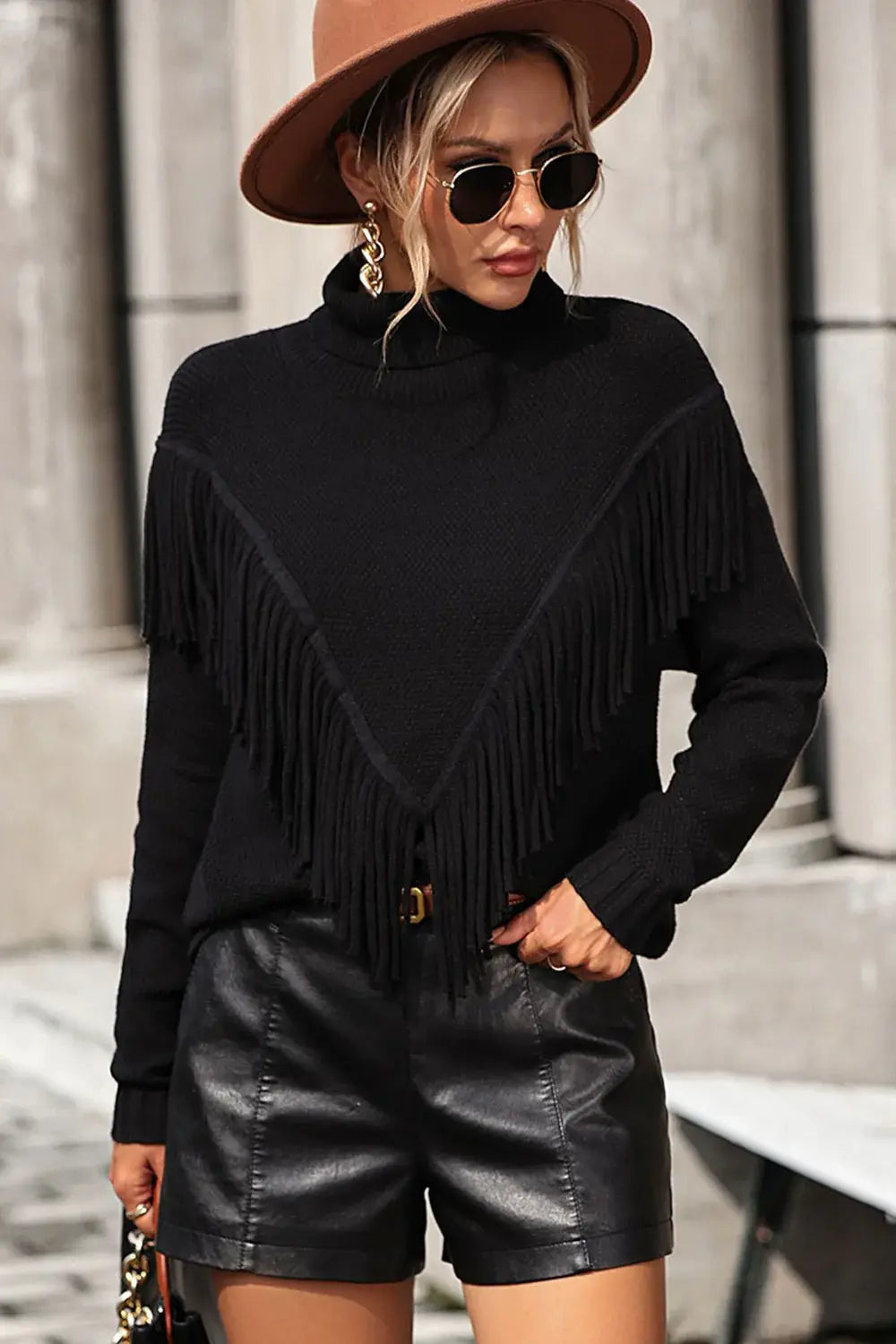 Turtle Neck Tassel Front Long Sleeve Pullover Sweater - Trendsi - Flyclothing LLC