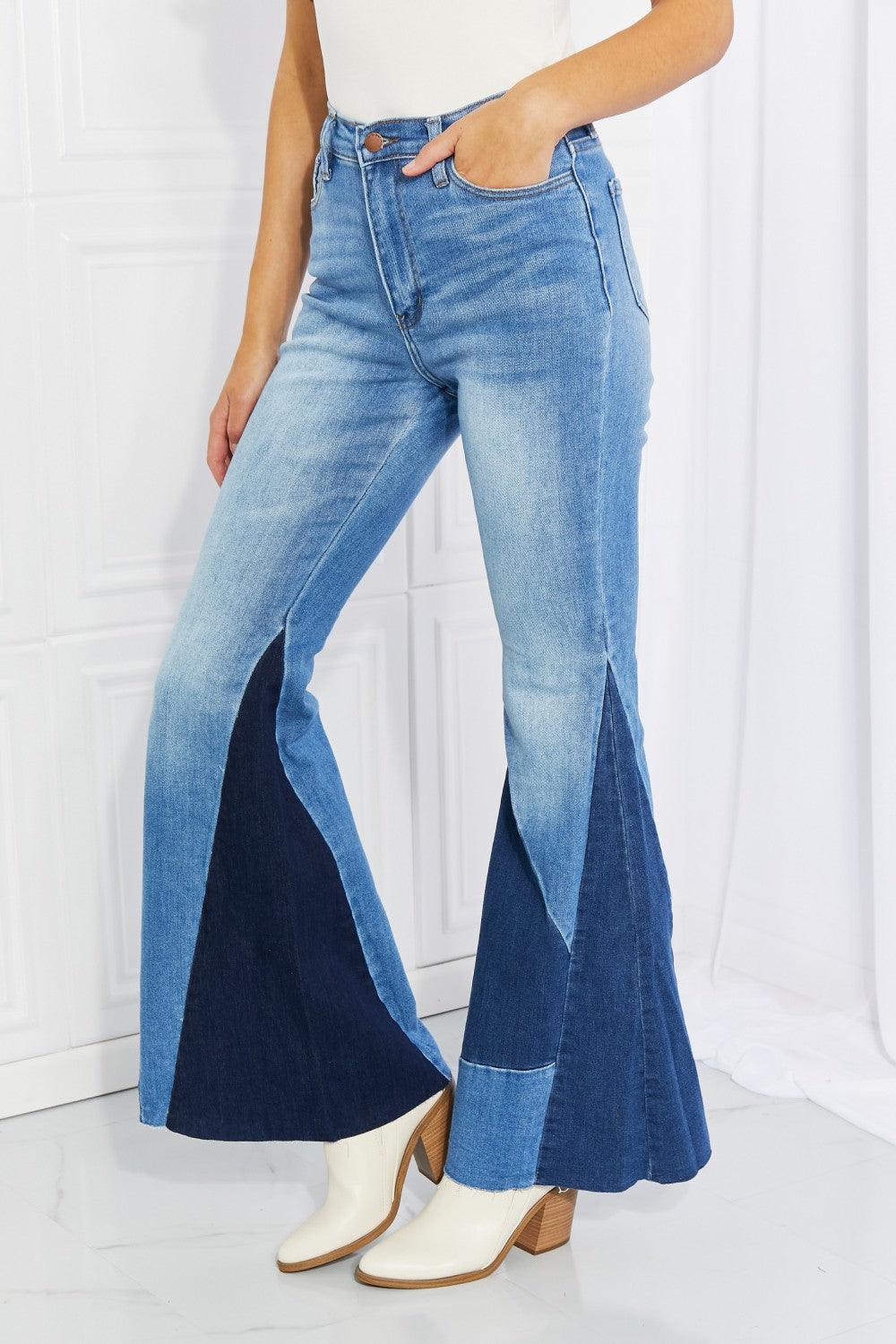 Vibrant Sienna Full Size Color Block Flare Jeans - Flyclothing LLC