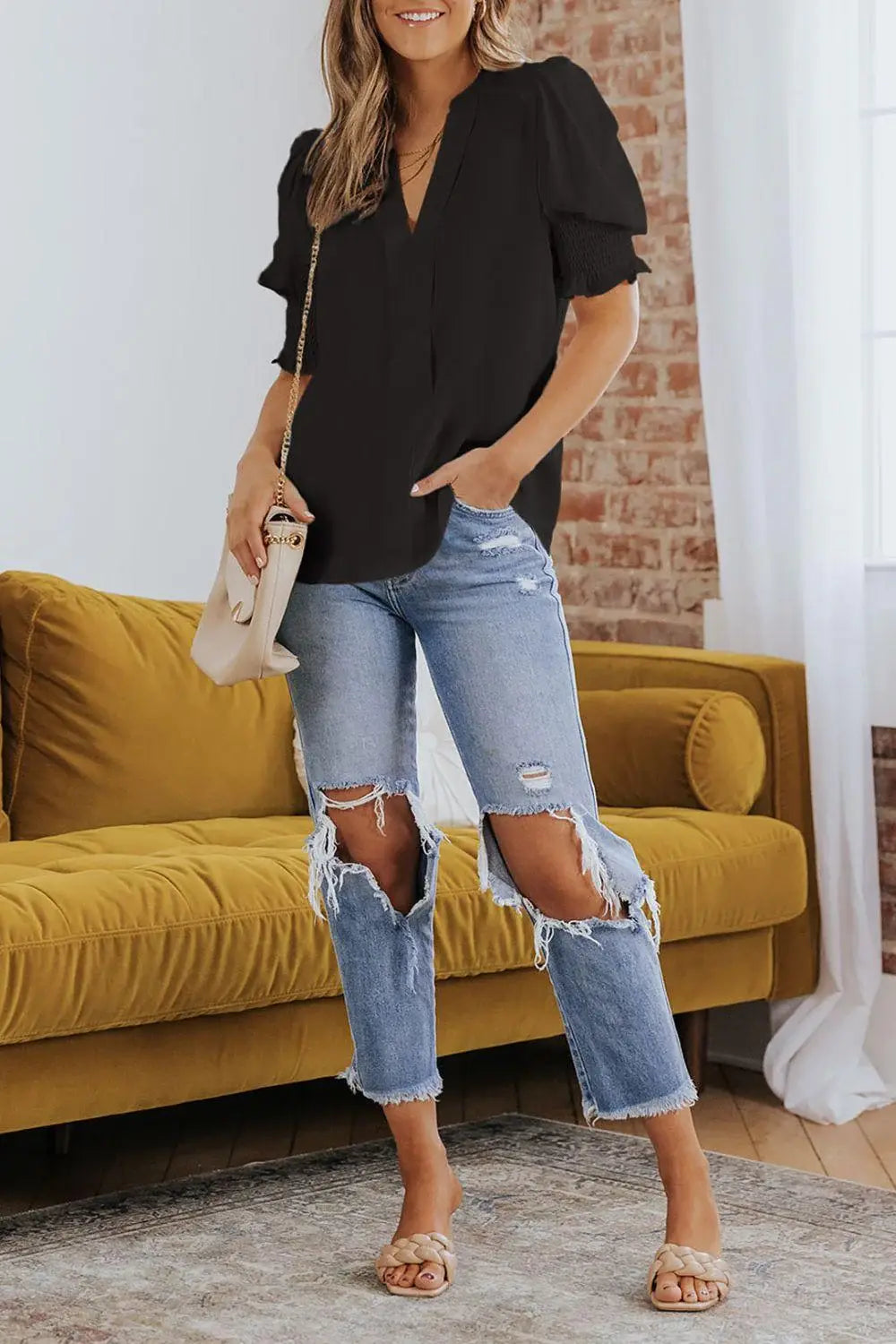 Smocked Flounce Sleeve Notched Neck Blouse - Trendsi - Flyclothing LLC
