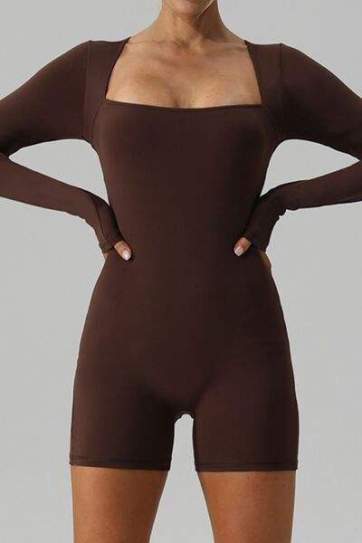 Square Neck Long Sleeve Active Romper - Trendsi - Flyclothing LLC