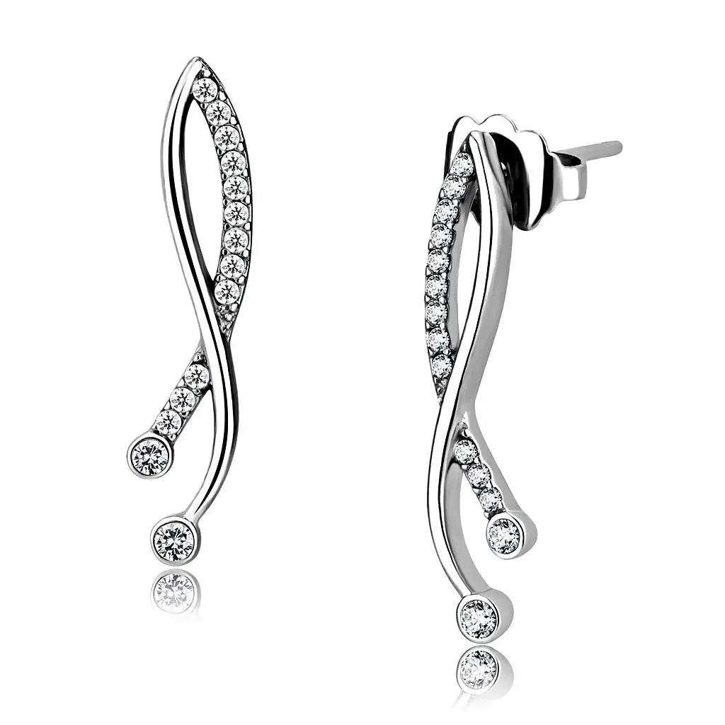 Alamode High polished (no plating) Stainless Steel Earrings with AAA Grade CZ in Clear - Alamode - Flyclothing LLC