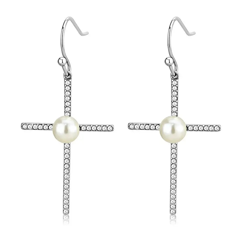 Alamode High polished (no plating) Stainless Steel Earrings with Synthetic Pearl in White - Alamode - Flyclothing LLC