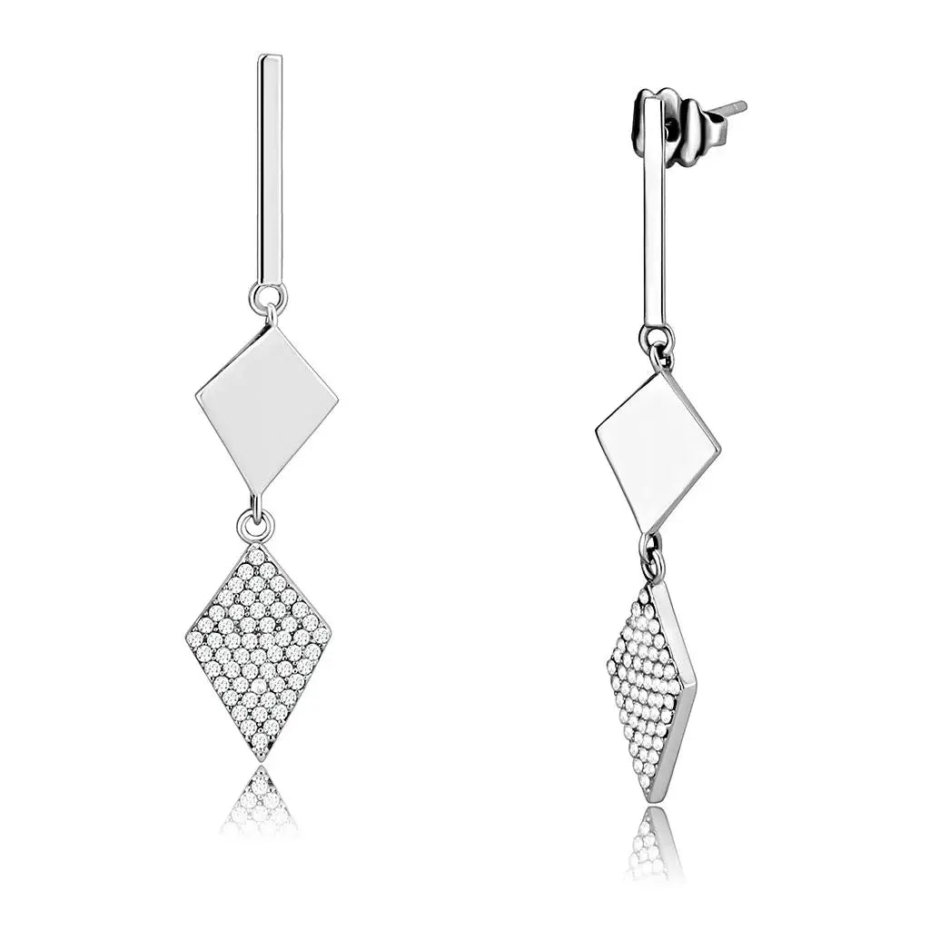 Alamode High polished (no plating) Stainless Steel Earrings with AAA Grade CZ in Clear - Alamode - Flyclothing LLC