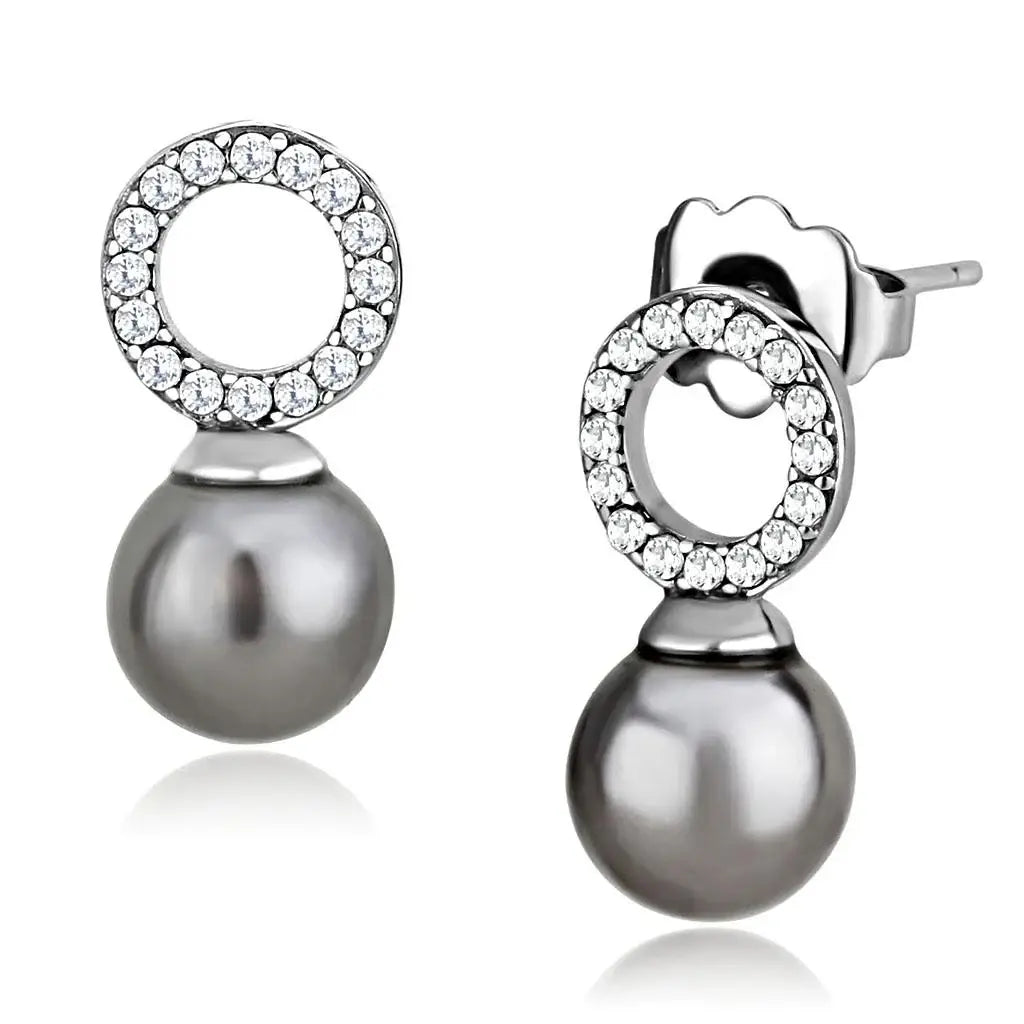 Alamode High polished (no plating) Stainless Steel Earrings with Synthetic Pearl in Gray - Alamode - Flyclothing LLC