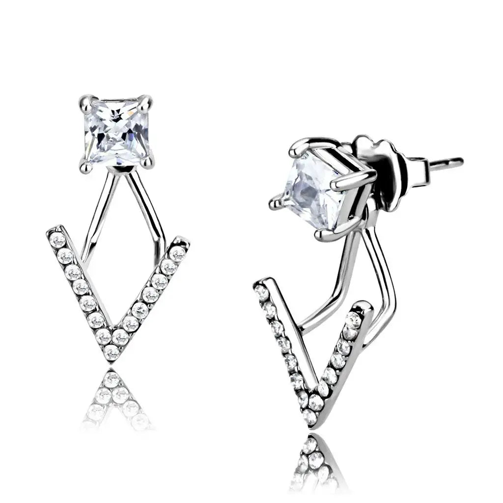 Alamode High polished (no plating) Stainless Steel Earrings with AAA Grade CZ in Clear - Alamode - Flyclothing LLC
