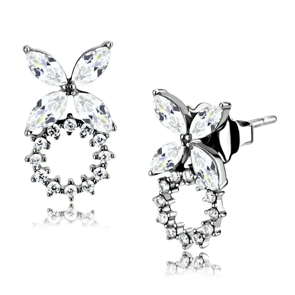 Alamode High polished (no plating) Stainless Steel Earrings with AAA Grade CZ in Clear - Alamode - Flyclothing LLC
