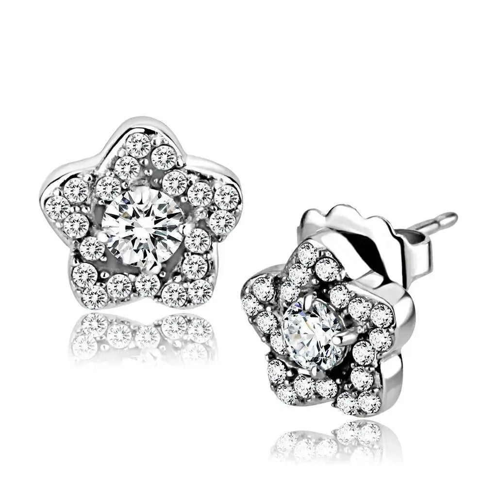 Alamode High polished (no plating) Stainless Steel Earrings with AAA Grade CZ in Clear - Alamode - Flyclothing LLC