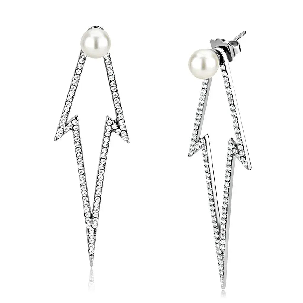 Alamode High polished (no plating) Stainless Steel Earrings with Synthetic in White - Alamode - Flyclothing LLC