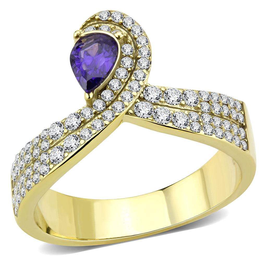 Alamode IP Gold(Ion Plating) Stainless Steel Ring with AAA Grade CZ in Tanzanite - Alamode - Flyclothing LLC