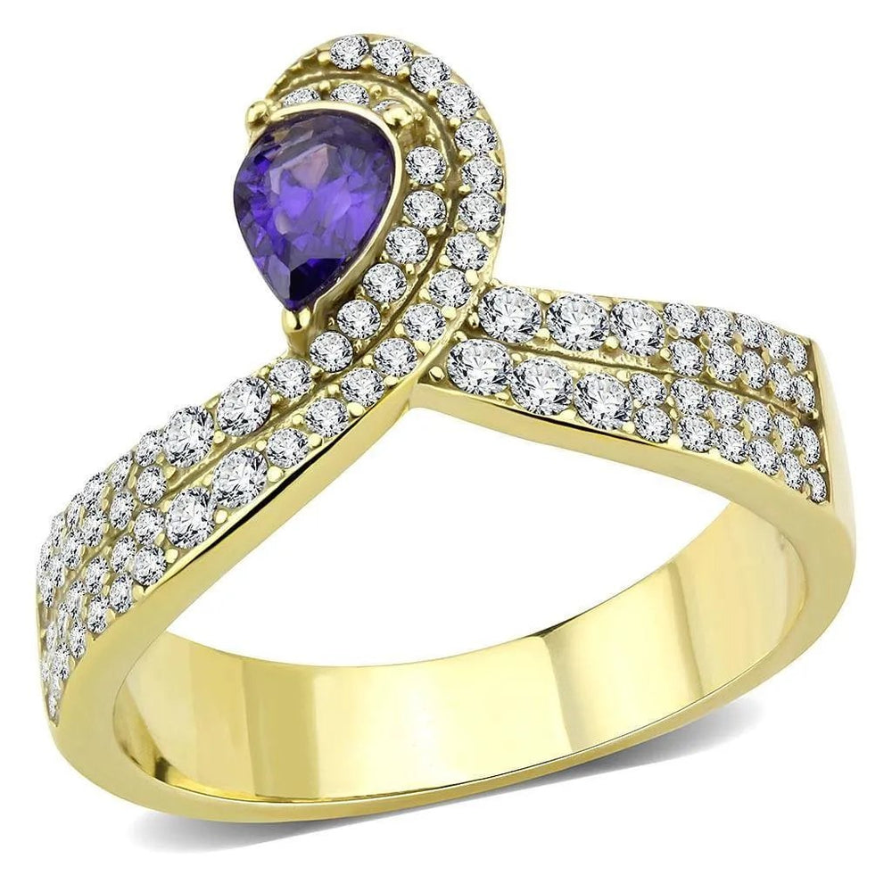 Alamode IP Gold(Ion Plating) Stainless Steel Ring with AAA Grade CZ in Tanzanite - Alamode