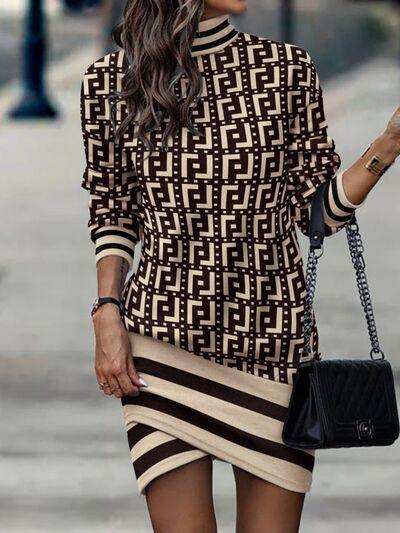 Printed Turtleneck Long Sleeve Mini Dress - Trendsi - Flyclothing LLC