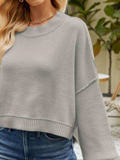 Round Neck Lantern Sleeve Sweater - Trendsi - Flyclothing LLC