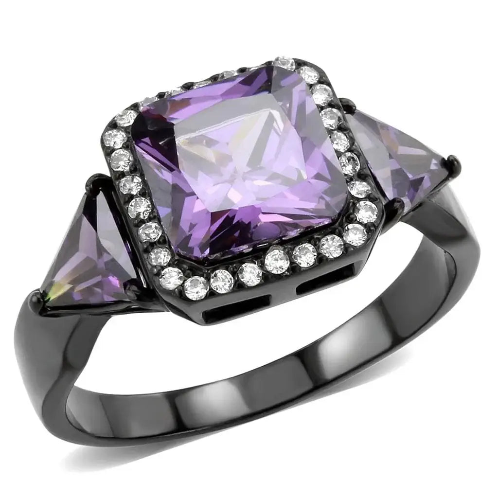 Alamode IP Black(Ion Plating) Stainless Steel Ring with AAA Grade CZ in Amethyst - Alamode - Flyclothing LLC