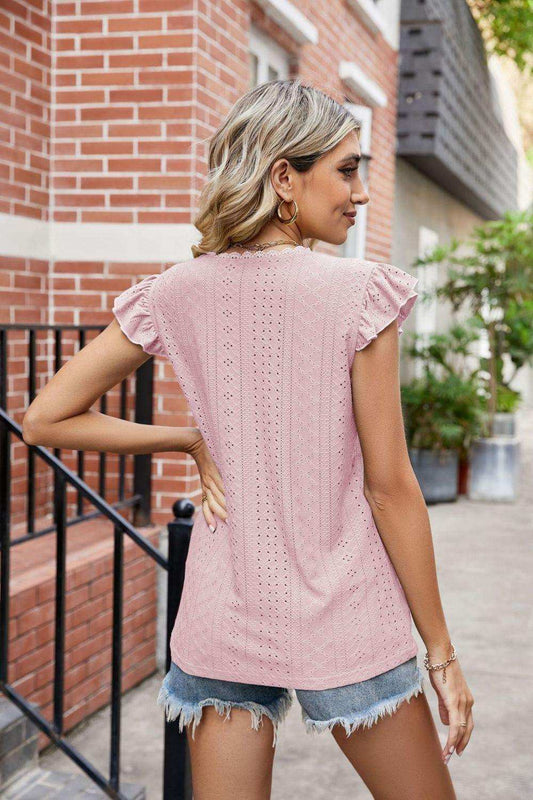 Eyelet Flutter Sleeve Scalloped V-Neck Top - Trendsi - Flyclothing LLC
