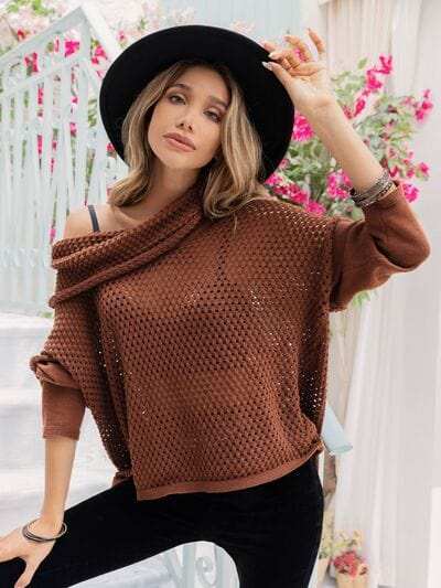 Openwork Mock Neck Dropped Shoulder Sweater - Trendsi - Flyclothing LLC