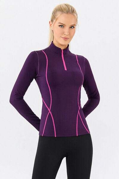Mock Neck Quarter Zip Active T-Shirt - Trendsi - Flyclothing LLC