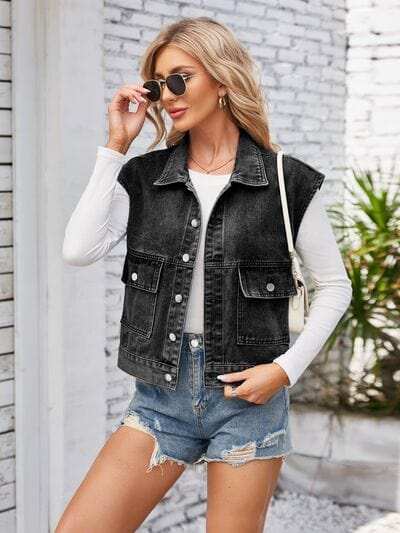 Cap Sleeve Denim Jacket with Pockets - Trendsi - Flyclothing LLC