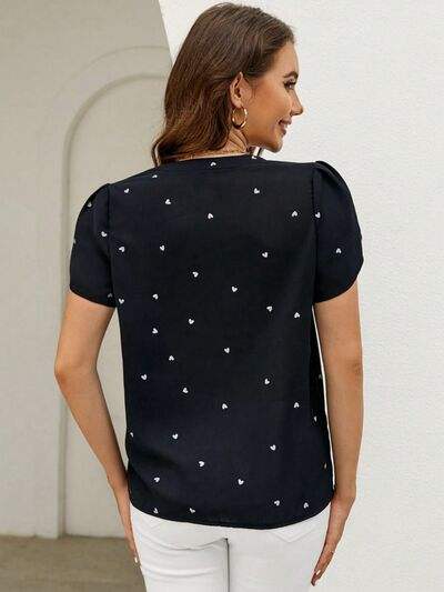 Heart Print Notched Petal Sleeve Blouse - Trendsi - Flyclothing LLC