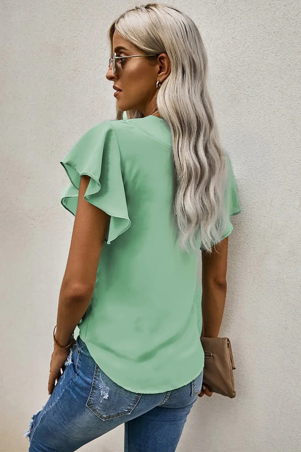 V-Neck Tie Hem Flutter Sleeve Blouse - Trendsi - Flyclothing LLC