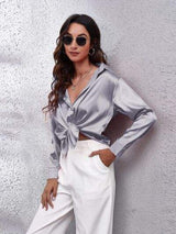 Button Up Collared Neck Long Sleeve Shirt - Trendsi - Flyclothing LLC