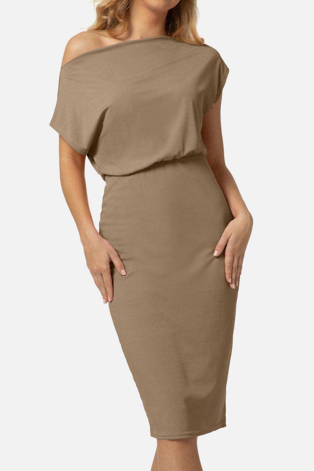 Boat Neck Short Sleeve Knee-Length Dress - Trendsi - Flyclothing LLC