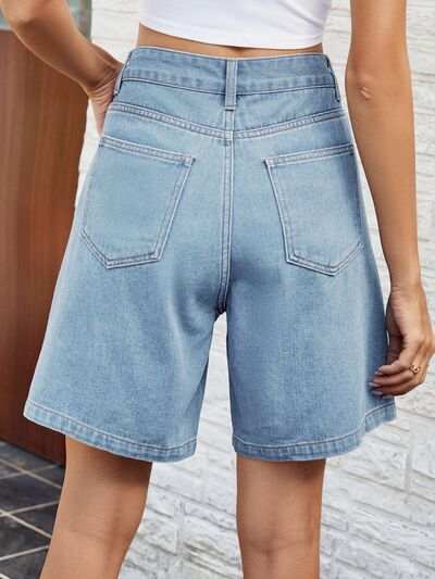 High Waist Denim Shorts with Pockets - Trendsi - Flyclothing LLC