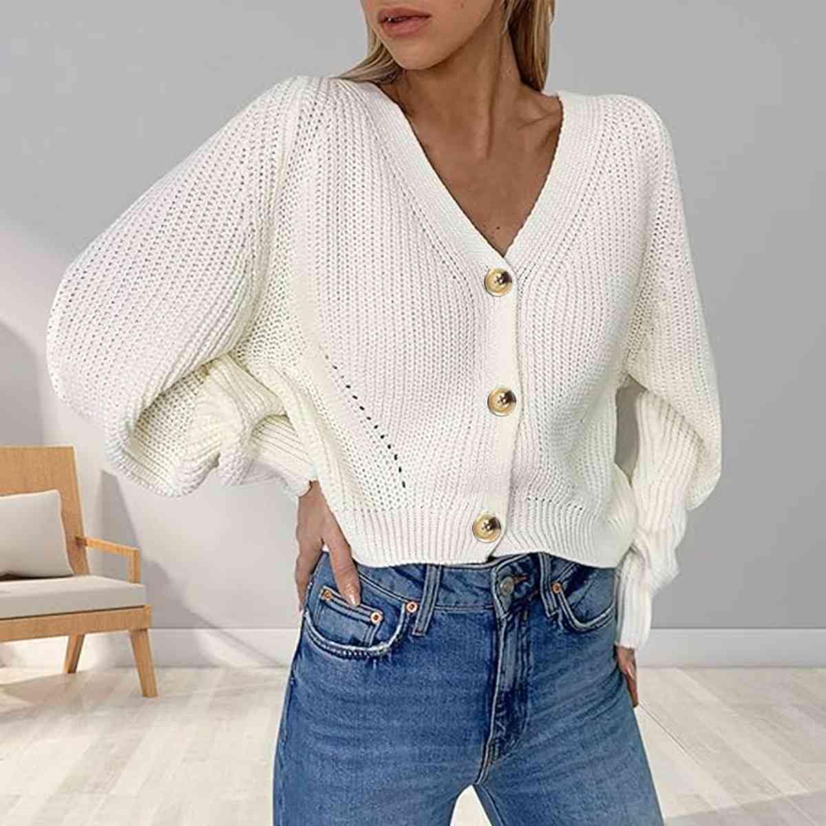 Button Up V-Neck Long Sleeve Cardigan - Trendsi