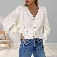 Button Up V-Neck Long Sleeve Cardigan - Trendsi