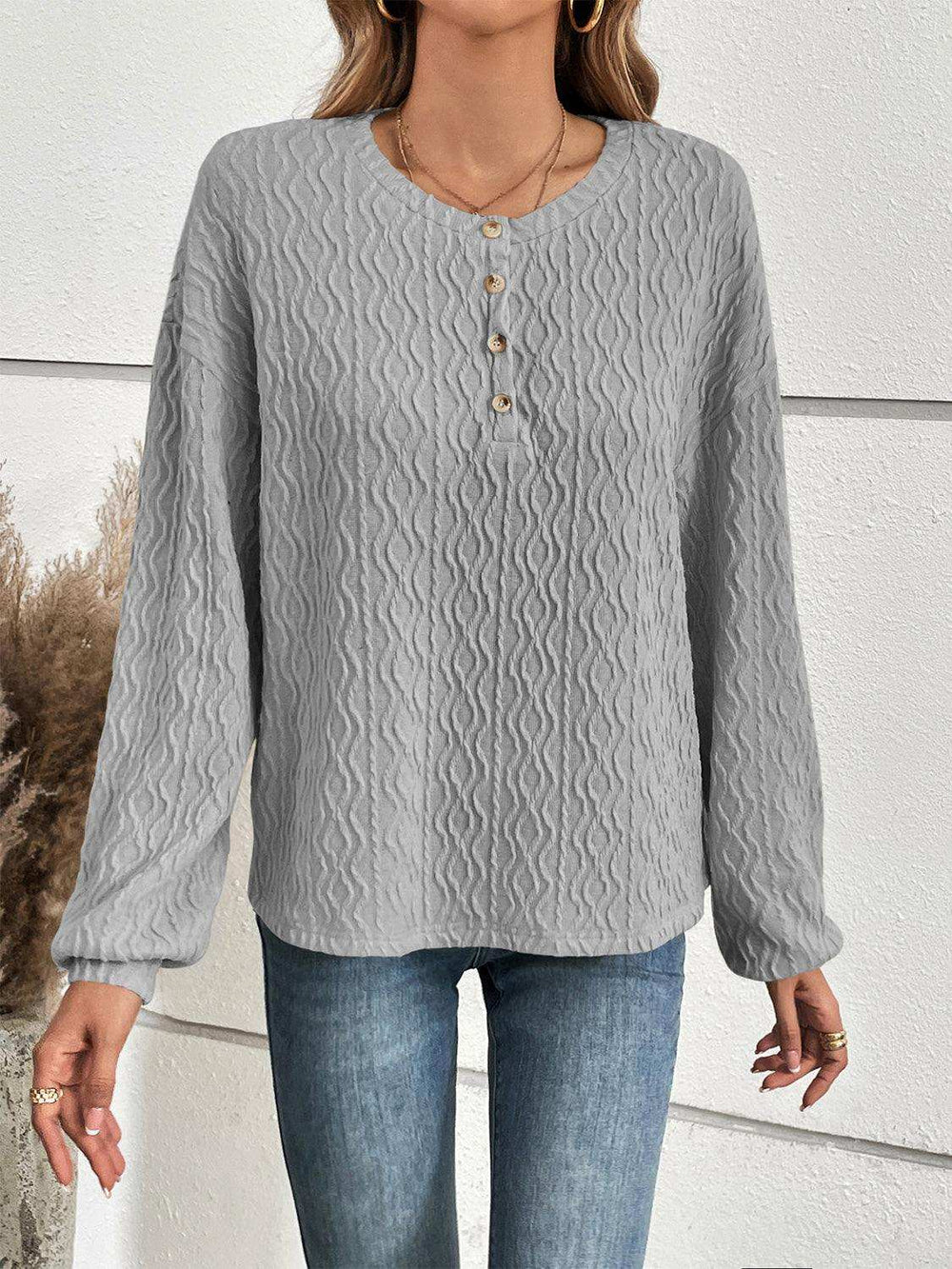 Half Button Long Sleeve Top - Trendsi - Flyclothing LLC