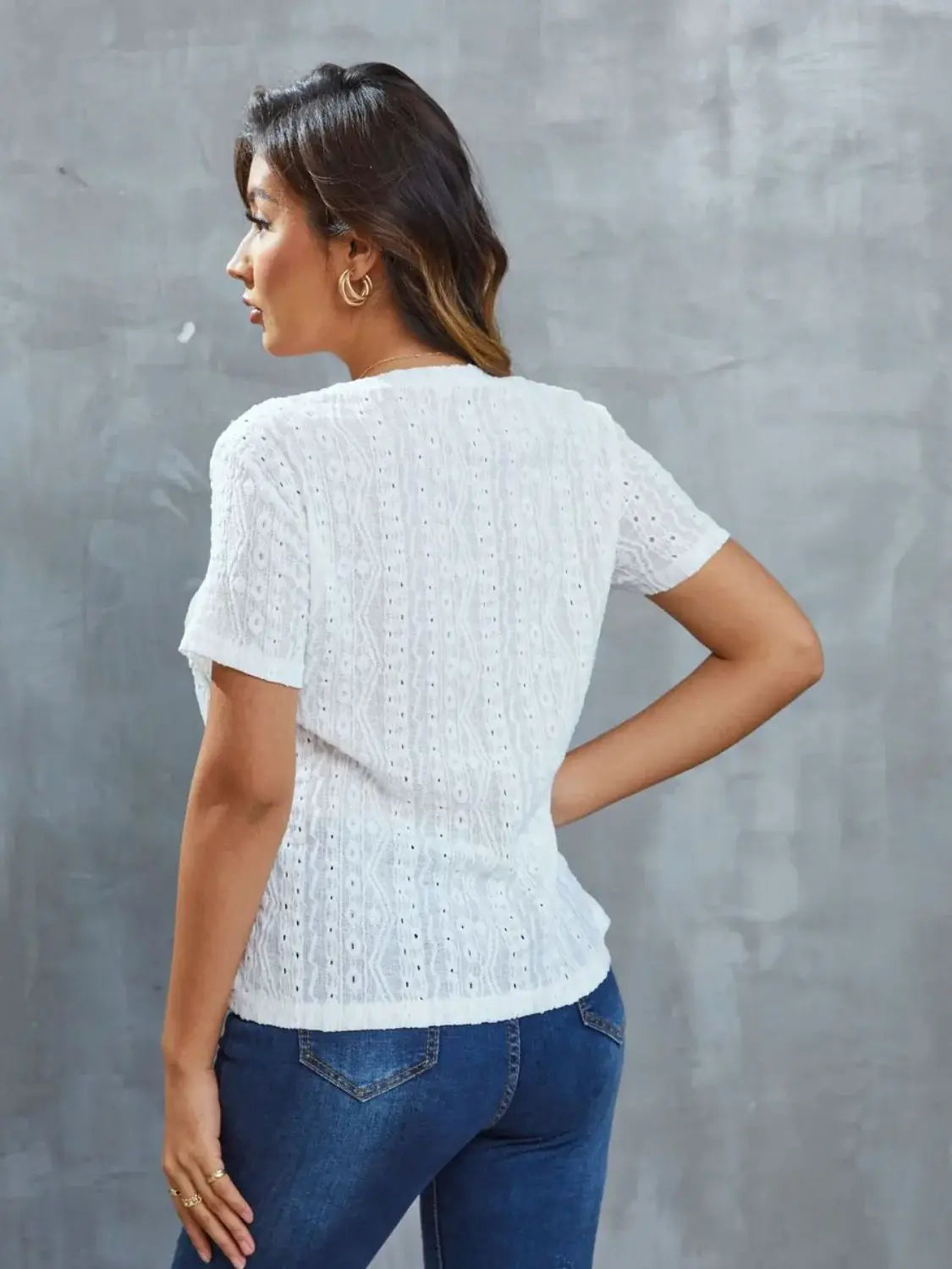Openwork Short Sleeve Round Neck Top - Trendsi - Flyclothing LLC